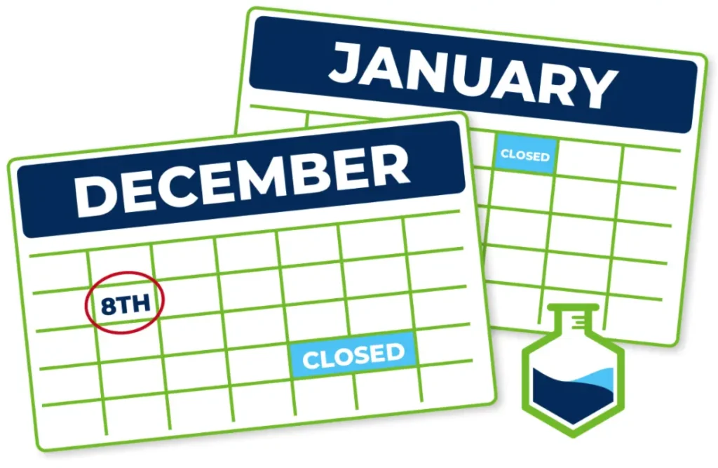 A December calendar graphic overlapping a January calendar graphic with December 8th circled in red, December 25-26 marked 'CLOSED', and January 1 marked 'CLOSED'. 